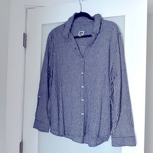 Anne Klein Linen Oversized Beach Button Shirt Navy Blue Checkered